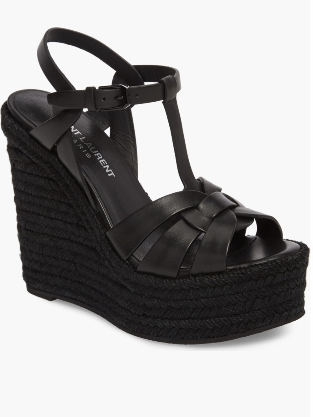 Saint Laurent Black Leather Tribute Espadrille Wedge.